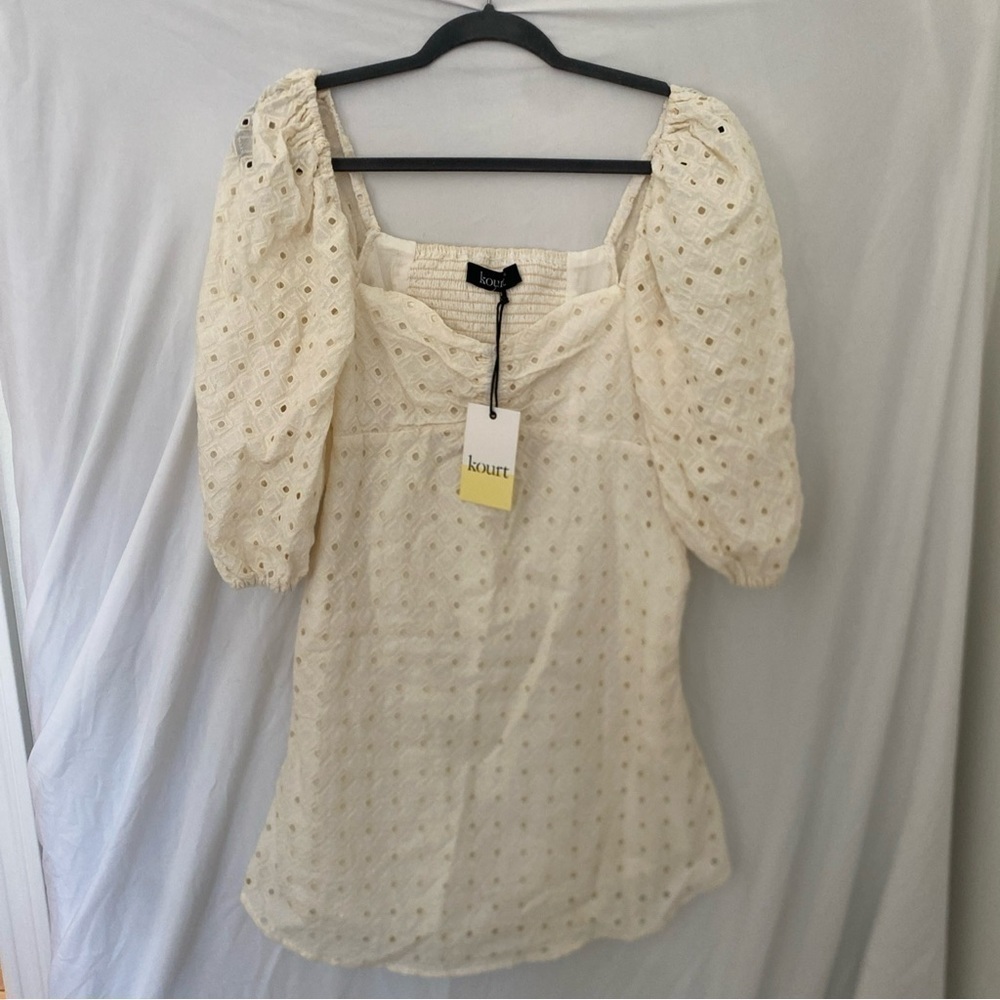KOURT cream eyelet puff sleeve midi dress new sz XS